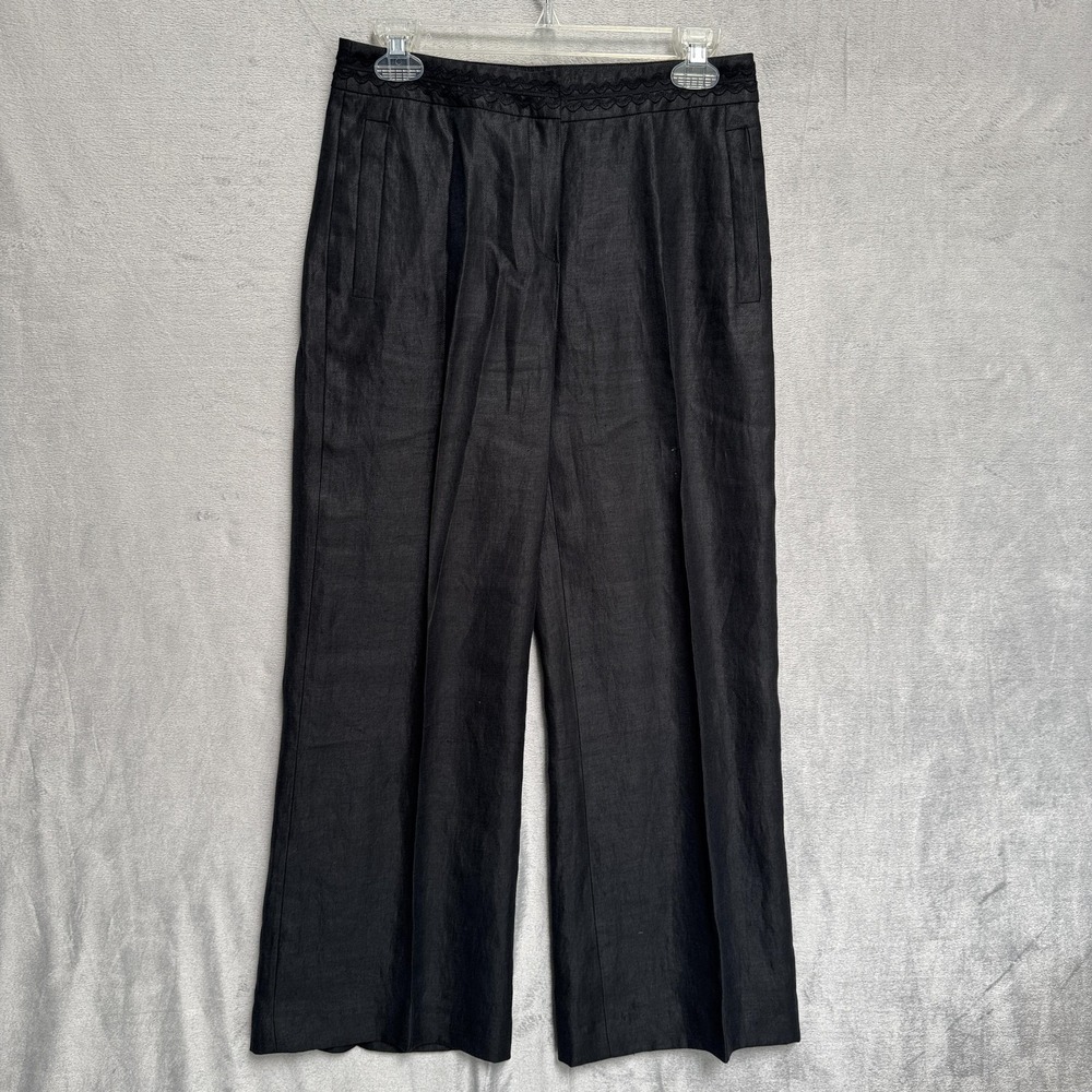 Escada Sport‎ Pants Womens 34 Black Linen Pleated Wide Leg Cropped Twill